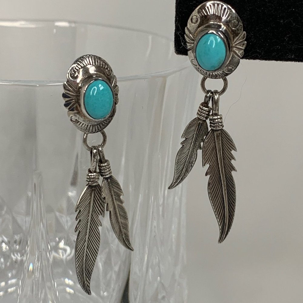 Nakai Vintage Sterling Turquoise Feather Earrings - Picture 1 of 5